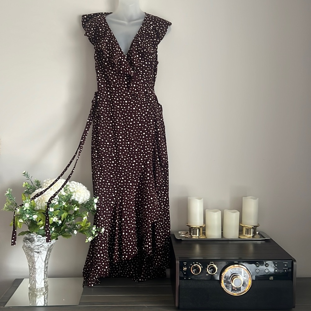 Max Studio maxi true wrap dress, ruffles, high-low burgundy wine/white polka dot
